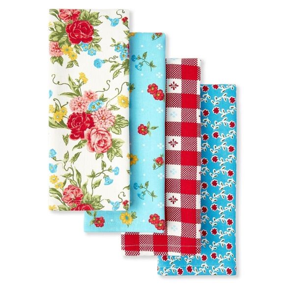 Pioneer Woman Sweet Rose Kitchen Towels Rustic Farmhouse Red Pink White 4pc Gift
